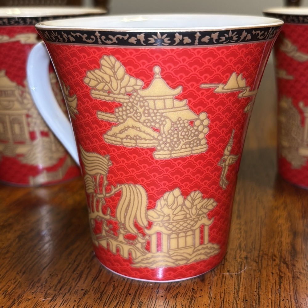 Forbidden‎ City Pagoda Chinoiserie Gold Red Fine China Mugs Set of 3 - Picture 2 of 9